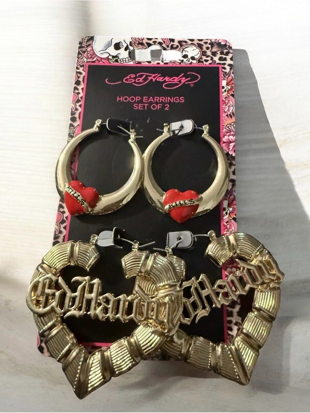 Ed Hardy Gold-Tone Hoop Earrings with Red Heart Detail - Set of 2